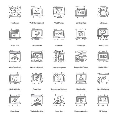 Web ve seo kavramsal çizgi ikonlarının çok yönlü kümesi. Bu teknik simgeler küçük detaylarla oluşturulur. A koleksiyonunuza eklemek için ayarlanmış olmalı.
