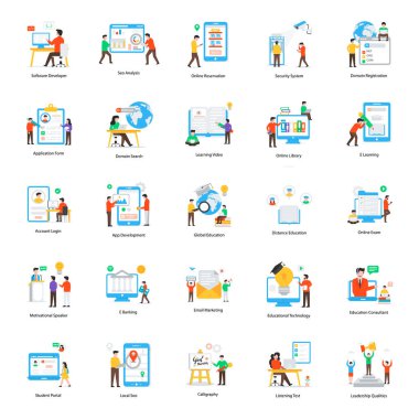 Eğitim unsurlarındaki düz illüstrasyon vektörü, projenin gereksinimleri ve temasına bağlı olarak çeşitli kullanımlara sahip olabilir. Yakalamak için harika bir sürü. Mutlu indirmeler.