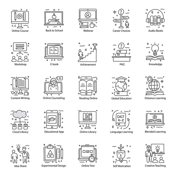 Los Iconos Garabatos Conceptuales Establecidos Concepto Aprendizaje Electrónico Uso Estos — Vector de stock