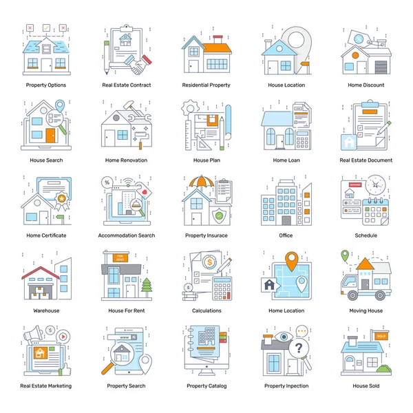 不動産ベクトルのアイコンのこのトレンディーなセットは 不動産代理店や住宅保険代理店 広告やプロモーション材料に最適です ハッピーダウンロード — ストックベクタ