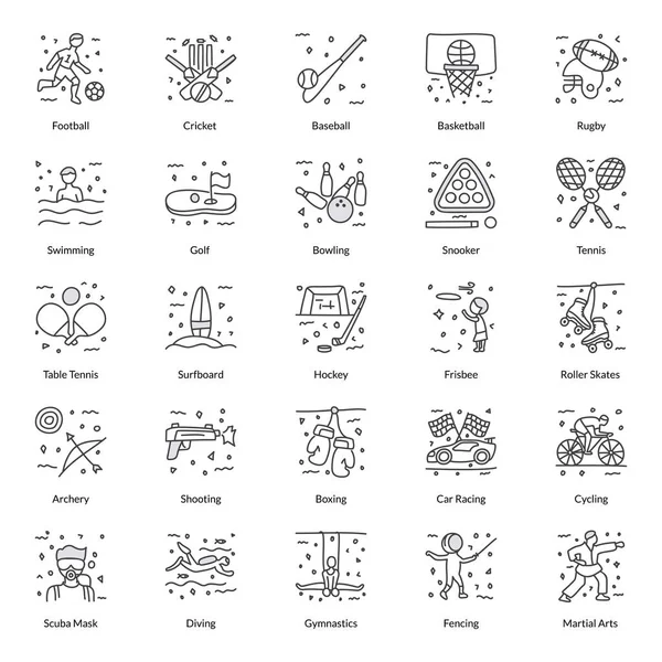 Traemos Deportes Juegos Doodle Line Icons Pack Diferentes Tipos Equipos — Vector de stock