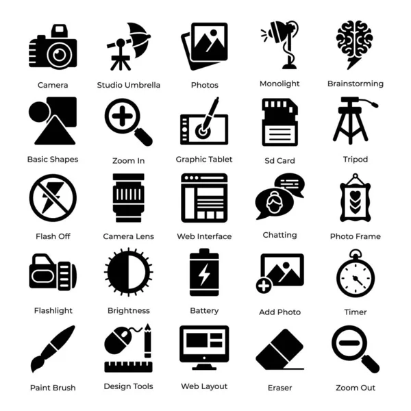 Here Set Photography Graphic Designing Icons Solid Style Pack Brings — Stock Vector