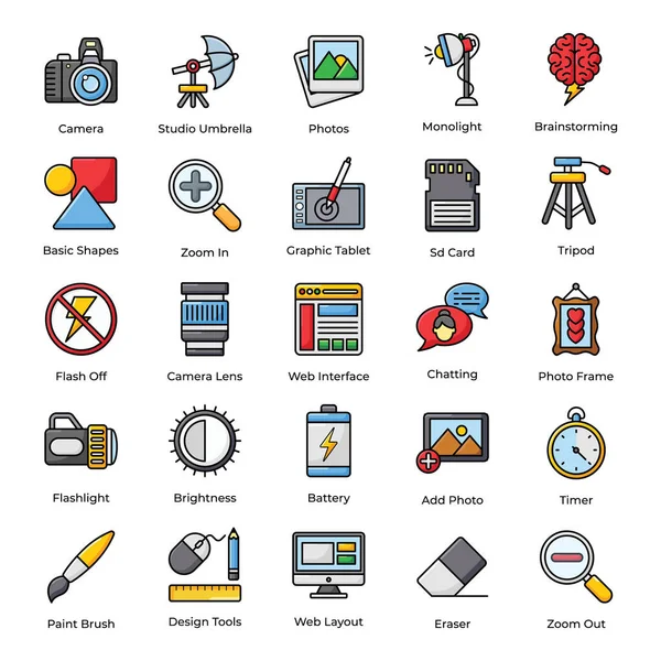 Here Set Photography Graphic Designing Icons Flat Style Pack Brings — Stock Vector