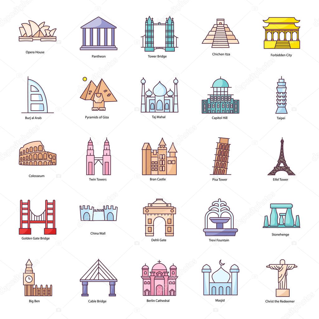 The eye-catching simple yet explanatory international landmarks. These beautiful, livable, famous and great cities of the world are beautifully created in graphics.