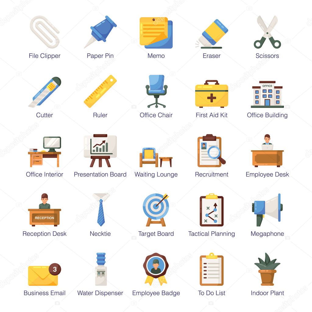 Here we bring an amazing set of office accessories flat icons displaying conceptual visuals which are easy to edit and modify. Click the download button.
