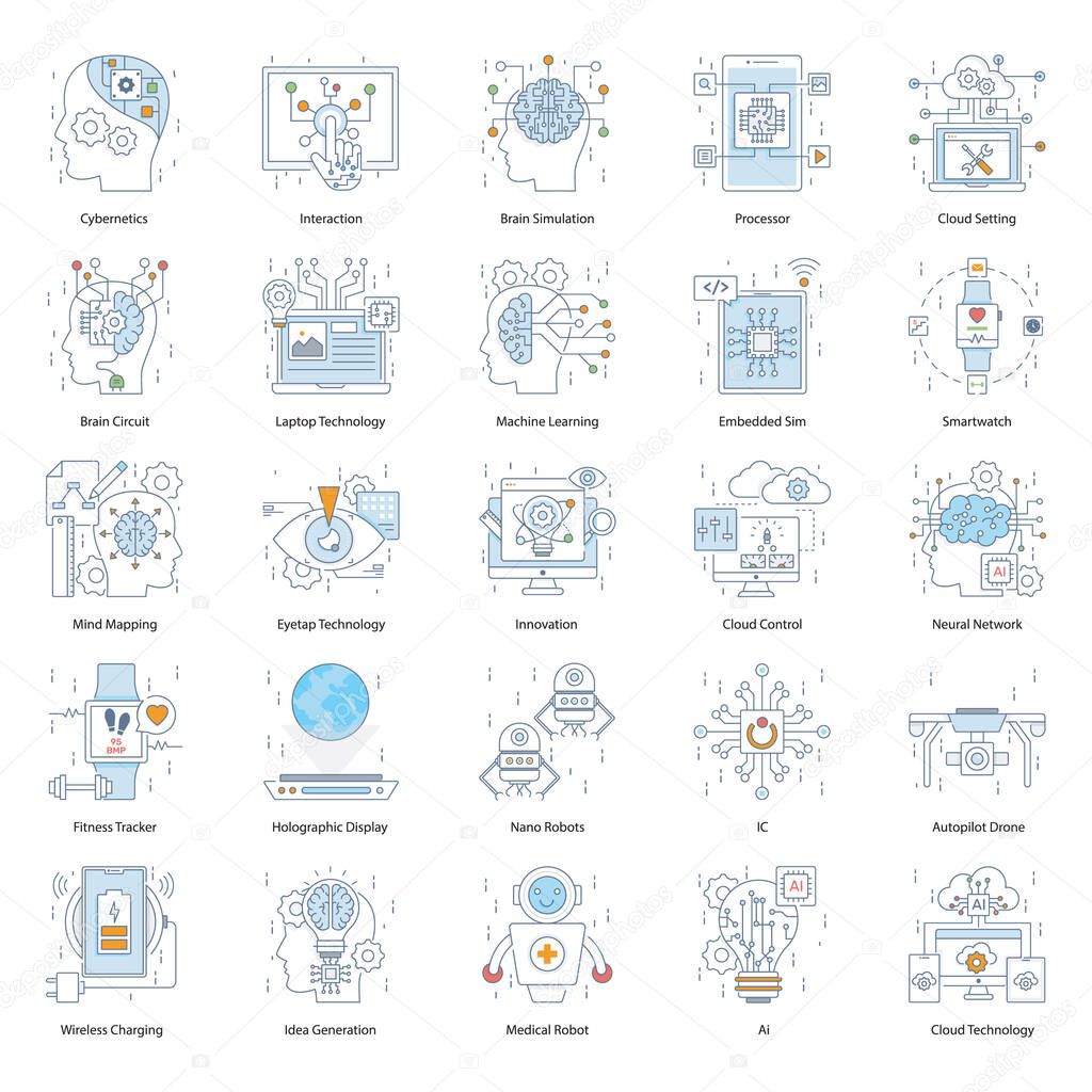 Concept of information technology flat line set. You can easily download all the you need, designed in collection of advanced style robot icons is completely editable and readily available for instant download