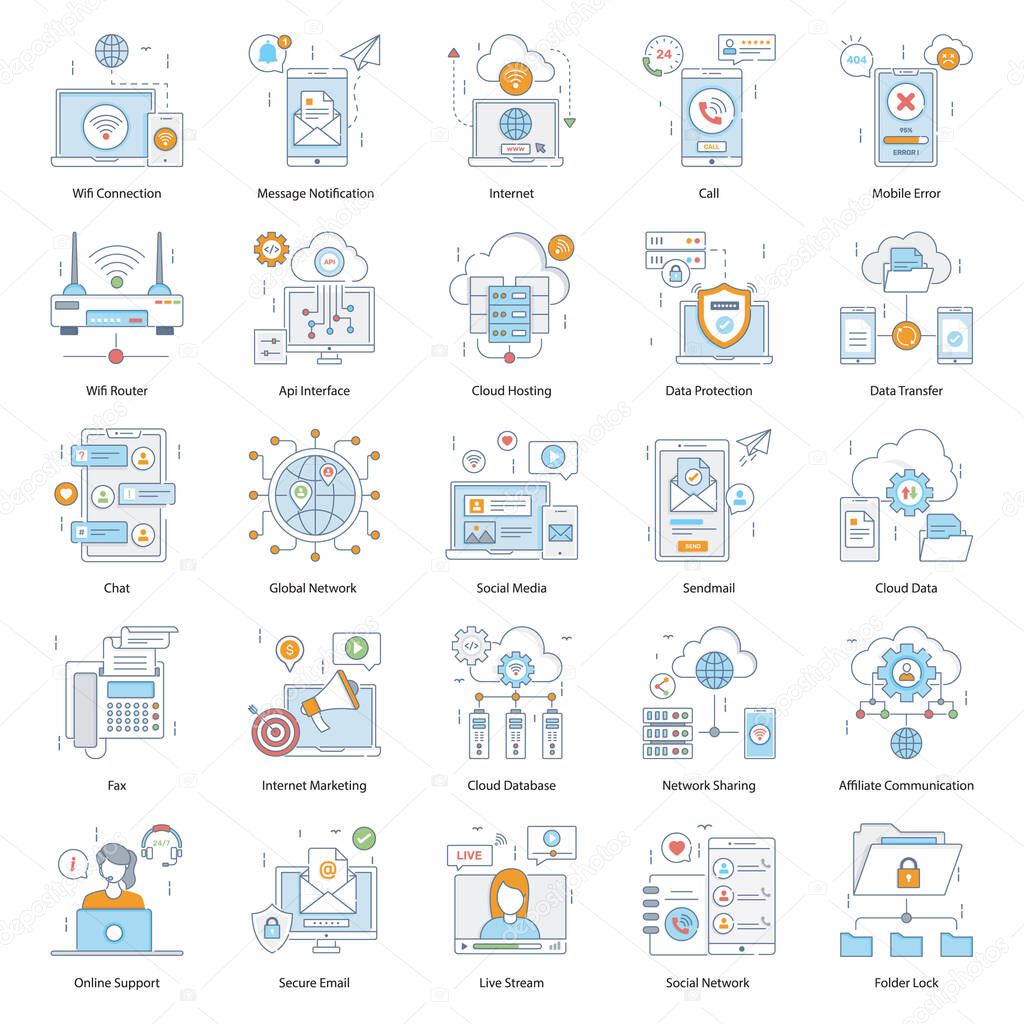 Network technology flat icons pack. These smartest designs of network and hosting are in style. You can use these icons to entice your web and app visitor with these powerful and meaningful images