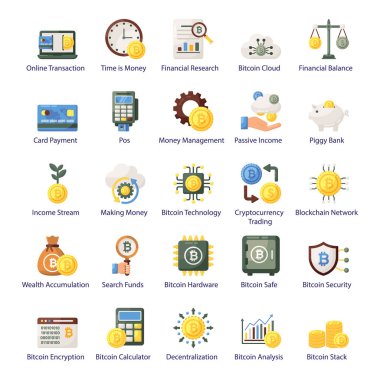 Düz simge kripto para ve bitcoin seti. Eğer inanılmaz bir tasarım projesi oluşturursanız bu simgeler kullanmak için mükemmeldir. Mutlu Tasarım!