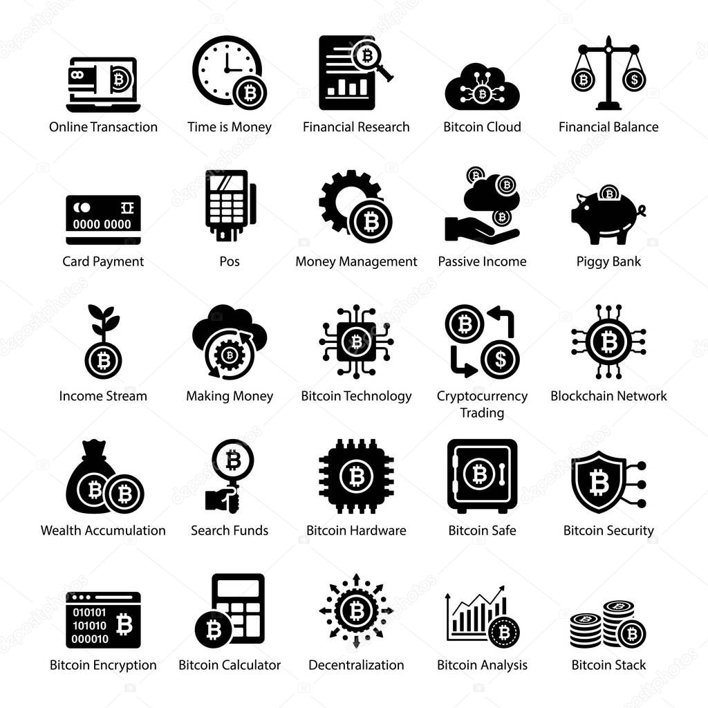 Solid icon set of cryptocurrency and bitcoins. If you got to create an amazing design project these icons are perfect for use. Happy Designing!