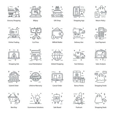 Hadi alışverişe gidelim! Bu alışveriş ve e-ticaret ikonu paketinin herhangi bir web geliştiricisi veya tasarımcısı için kesinlikle mükemmel olacak bir sürü harika vektörü var. Mutlu indirmeler