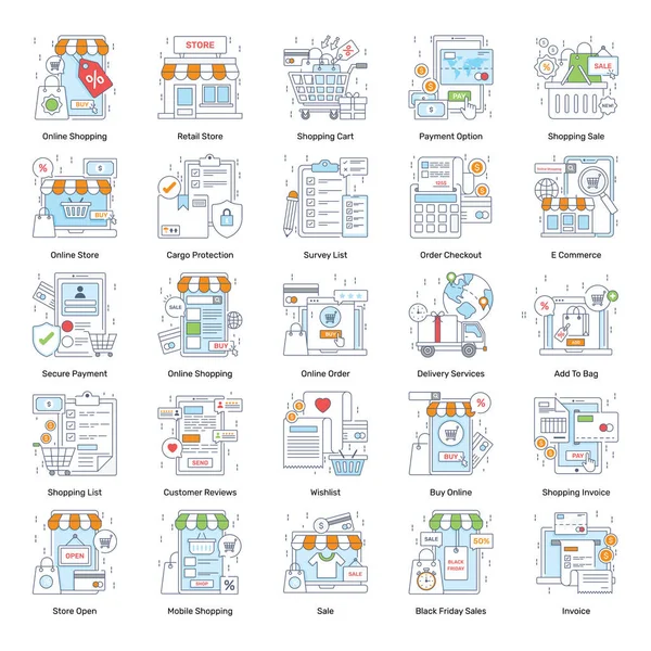 Compras Line Vetores Planos Pacote Retratando Visuais Para Seus Projetos —  Vetores de Stock