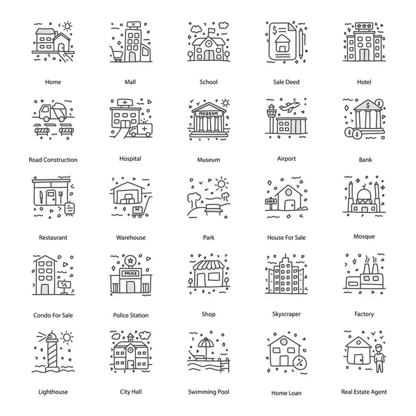 Hier Ist Eine Trendige Reihe Von Immobilien Doodle Symbolen Die — Stockvektor