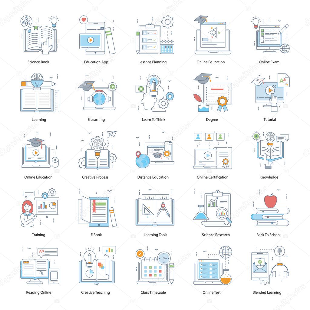 Explore this creatively crafted online education and science technology set. Download this pack and feel free to use them for your next web or design project. You will find them easy to use and modify to fulfill your design requirements