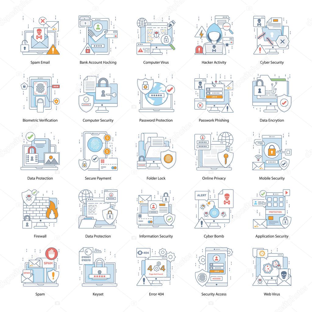 Cyber security flat icons set. If you want to amplify the project's design and editable vectors, you have landed on the right page. Get hold of this pack and use it in your projects.