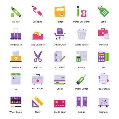 Ofis ve İş yeri Malzemeleri Düz Simgeler Paketi 