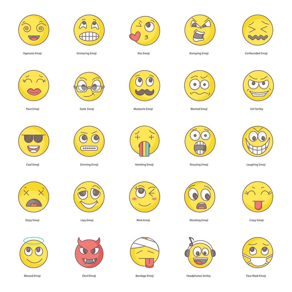 Platta Ikoner Uppsättning Moderna Emoji — Stock vektor