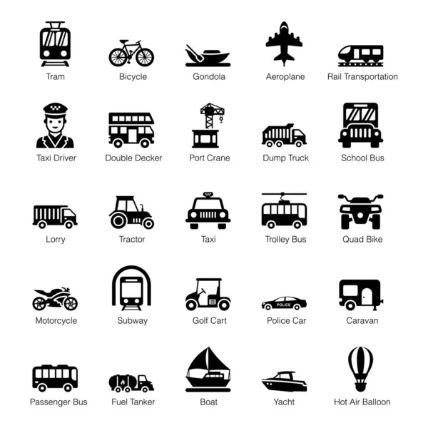 Paquete Iconos Sólidos Transporte — Archivo Imágenes Vectoriales
