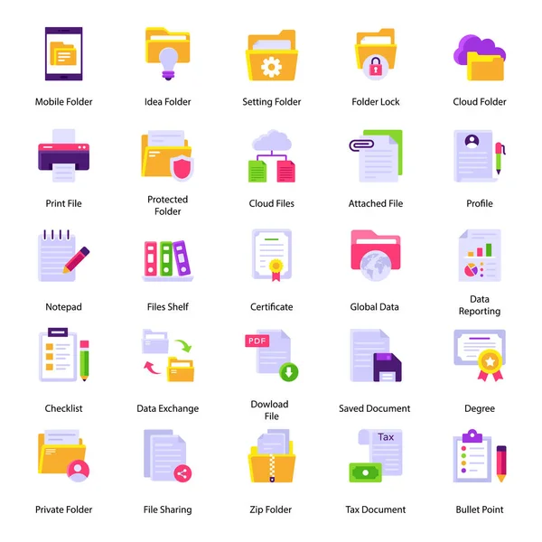 Файли Теки Сертифікати Пакет Плоских Піктограм — стоковий вектор