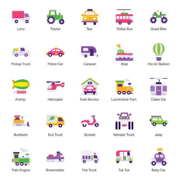 Pack Iconos Planos Transporte — Vector de stock