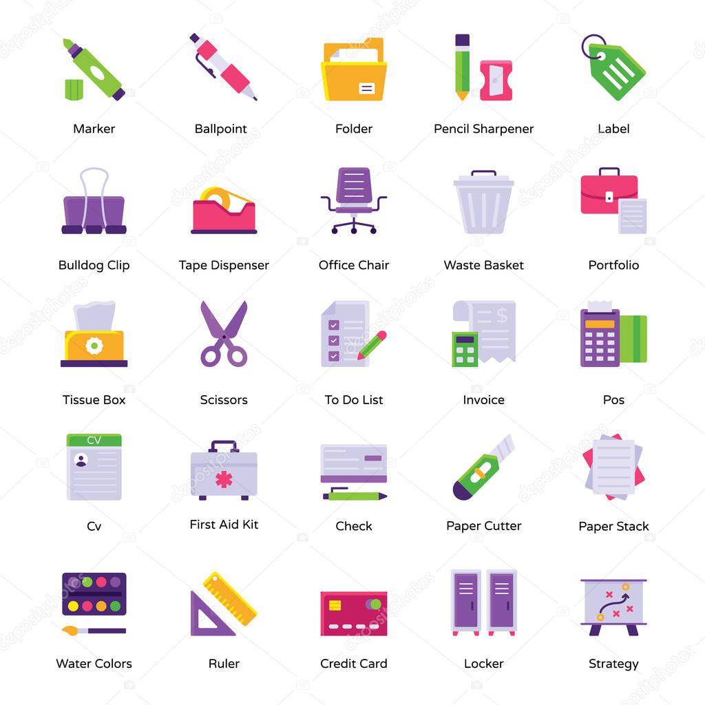 Office and Workplace Supplies Flat Icons Pack 