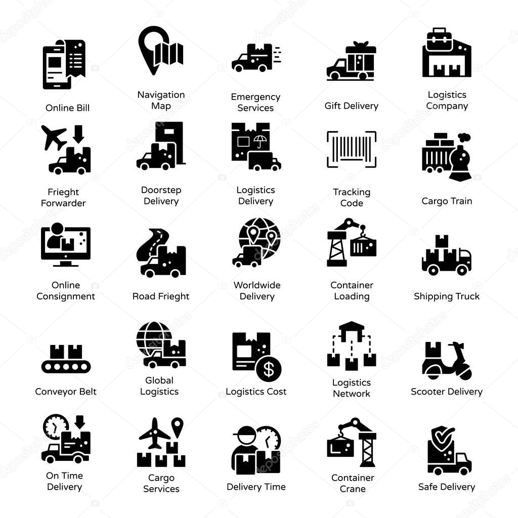 Modern Logistics and Delivery Solid Icons Pack 