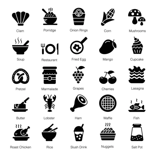 Pack Iconos Sólidos Comida Rápida — Vector de stock