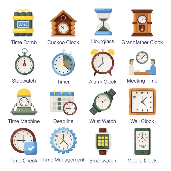 Pack Iconos Planos Tiempo — Vector de stock