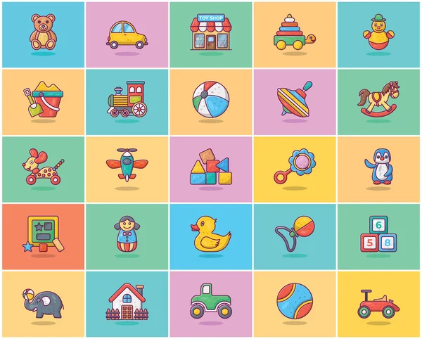 Aquí Hay Conjunto Iconos Infancia Los Juguetes Estilo Plano Este — Vector de stock