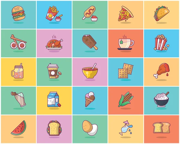 Los Iconos Planos Juego Alimentos Están Diseñados Sobre Fondo Colorido — Archivo Imágenes Vectoriales