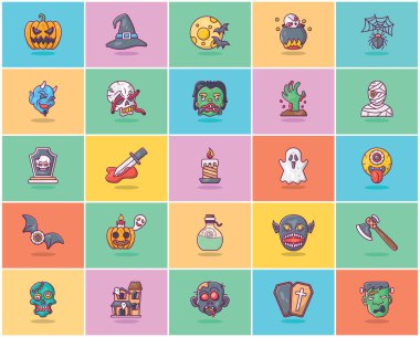 Ürkütücü cadılar bayramı vektörleri renkli bir arka planda izole edilmiş. Tüm vektörler gerekli olduğu gibi düzenlenebilir ve kullanımı kolaydır. İlgili bölümde yükle ve kullan.