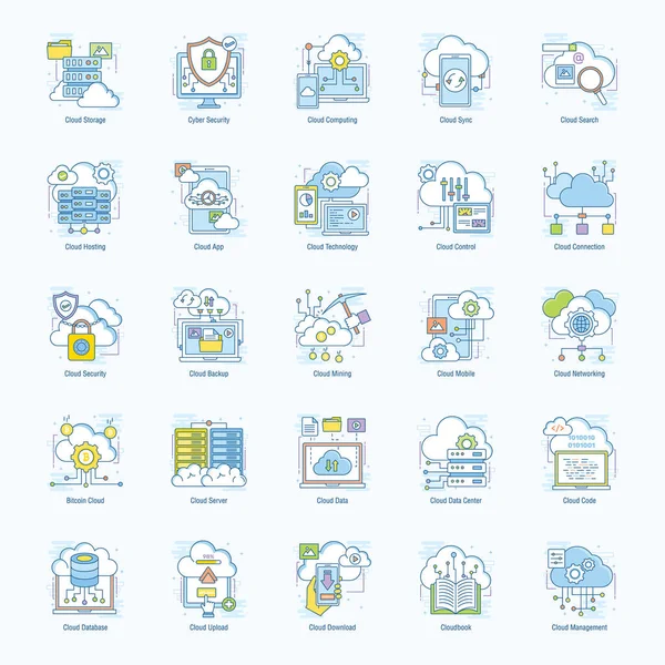 Conjuntos Tecnologia Nuvem Oferecem Conjunto Amplamente Utilizado Itens Design Frente —  Vetores de Stock