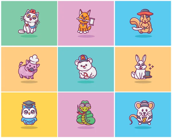 Pack Flat Icons Encompassing Cute Animal Avatars Having Various Avatars — Stock Vector