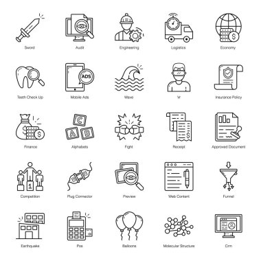 Bir paket iş hattı vektörü getiriyoruz. Düzenlenebilir kaliteye sahip simgeler bu seti size layık kılıyor. Tutun ve ilgili bölümde kullanın..