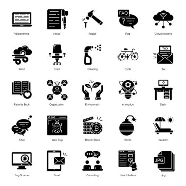 Burada bir paket katı ikon vektörü getiriyoruz. İstediğiniz herhangi bir simgeyi seçebilir, indirebilir, özelleştirebilir ve istediğiniz yerde kullanabilirsiniz. Bu vektörlerle tasarımınıza ilham verme zamanı..