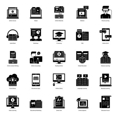Bu yaratıcılık ürünü öğrenme ve eğitim ikonu setini keşfedin. Eğitim ve öğrenim kavramlarına ait tüm unsurları ve sembolleri sunar, özellikle sanal ya da uzak. Mutlu Tasarım!