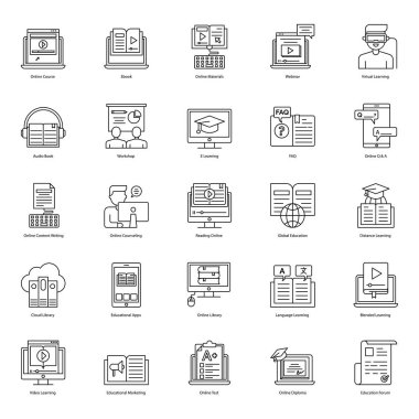 Bu yaratıcılık ürünü e-öğrenme ve eğitim çizgisi ikonu setini keşfedin. Eğitim ve öğrenim kavramlarına ait tüm unsurları ve sembolleri sunar, özellikle sanal ya da uzak. Mutlu Tasarım!