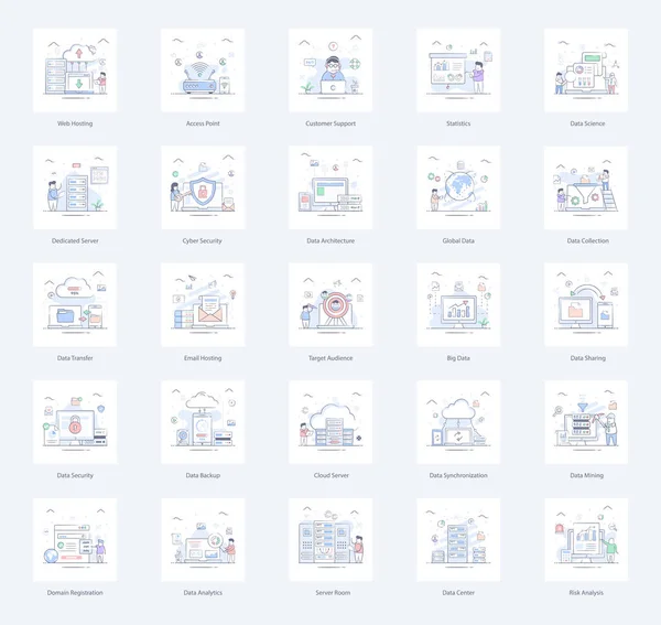 Aqui Está Pacote Ilustrações Serviço Hospedagem Dados Estilo Plano Este —  Vetores de Stock