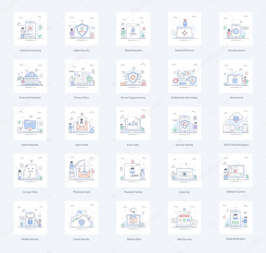 Ready to use a flat illustrations set of cyber security. If you want to amplify a project's design you have landed on to the right page. Get hold of this pack and use it in your projects.