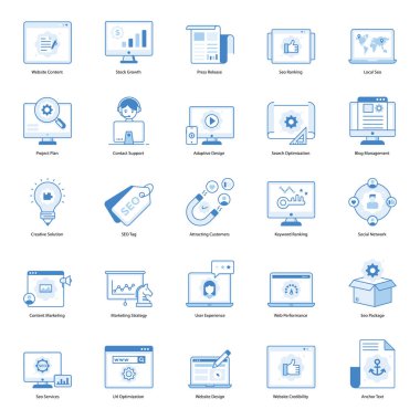 Seo ve web düz simgelerinin avantajlı vektörleri var. Bu simgeleri al ve proje ihtiyaçlarına göre kullan. Zaman harcamayın. İlgili departmanı alın ve kullanın..