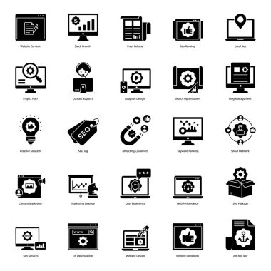 Seo ve web sembol paketlerinin avantajlı vektörleri var. Bu simgeleri al ve proje ihtiyaçlarına göre kullan. Zaman harcamayın. İlgili departmanı alın ve kullanın..