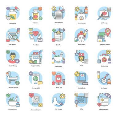 Sağlık ve terapi paketi tasarım projeniz için düz yuvarlak şekilli görseller sergiliyor. Düzenlenebilir vektörler senin için en iyi ve eşsiz seçimdir. Zaman kaybetmeden, bu seti al ve keyfini çıkar.!  