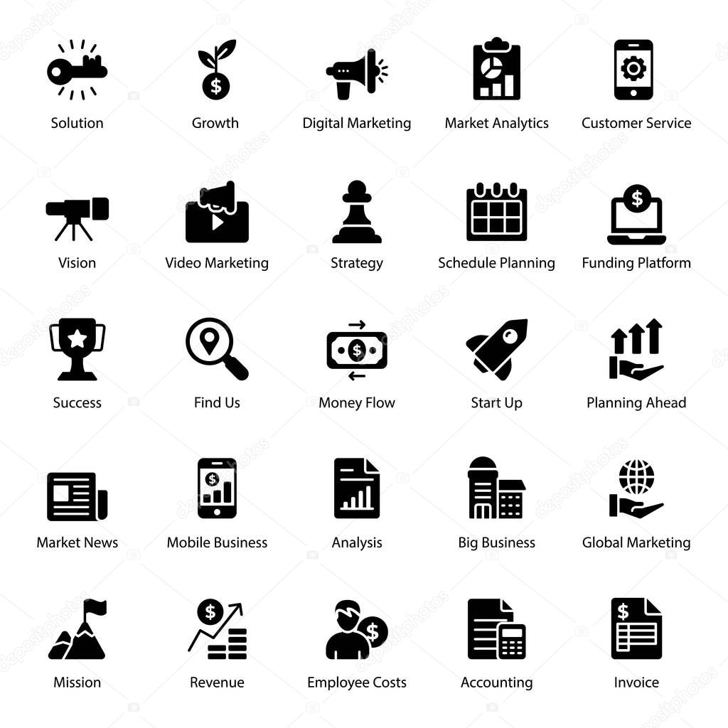 Get your best business policies solid icons pack having well defined visuals to use in relevant departments. Grab it now!