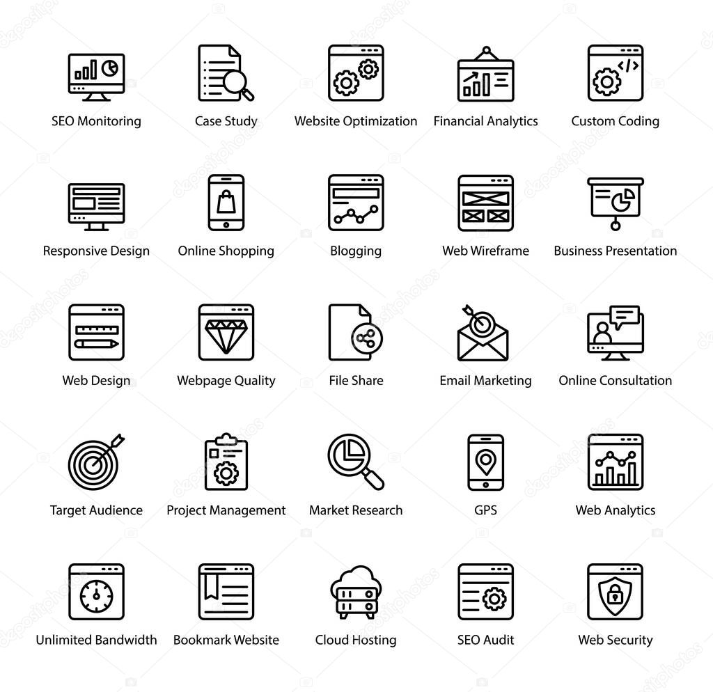 Web design line icons pack having attractive vectors for your ease. Editable vectors can be used in relevant departments. Enjoy downloading!