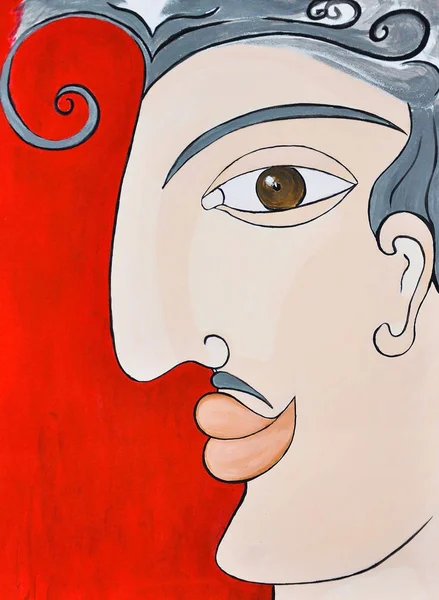Moda Illustration profil bir adam portresi. Kırmızı bir arka plan üzerinde gri saçlı bir adam. Kapak tasarımı. Babalar günü. Art Deco.