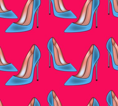 Pembe arka planda mavi kadın ayakkabıları olan kusursuz bir model..