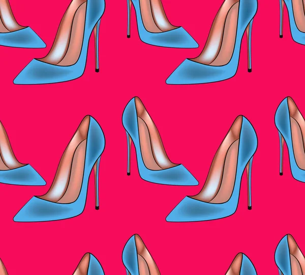 Vector seamless pattern with blue womens shoes on a pink background. — Stock Vector