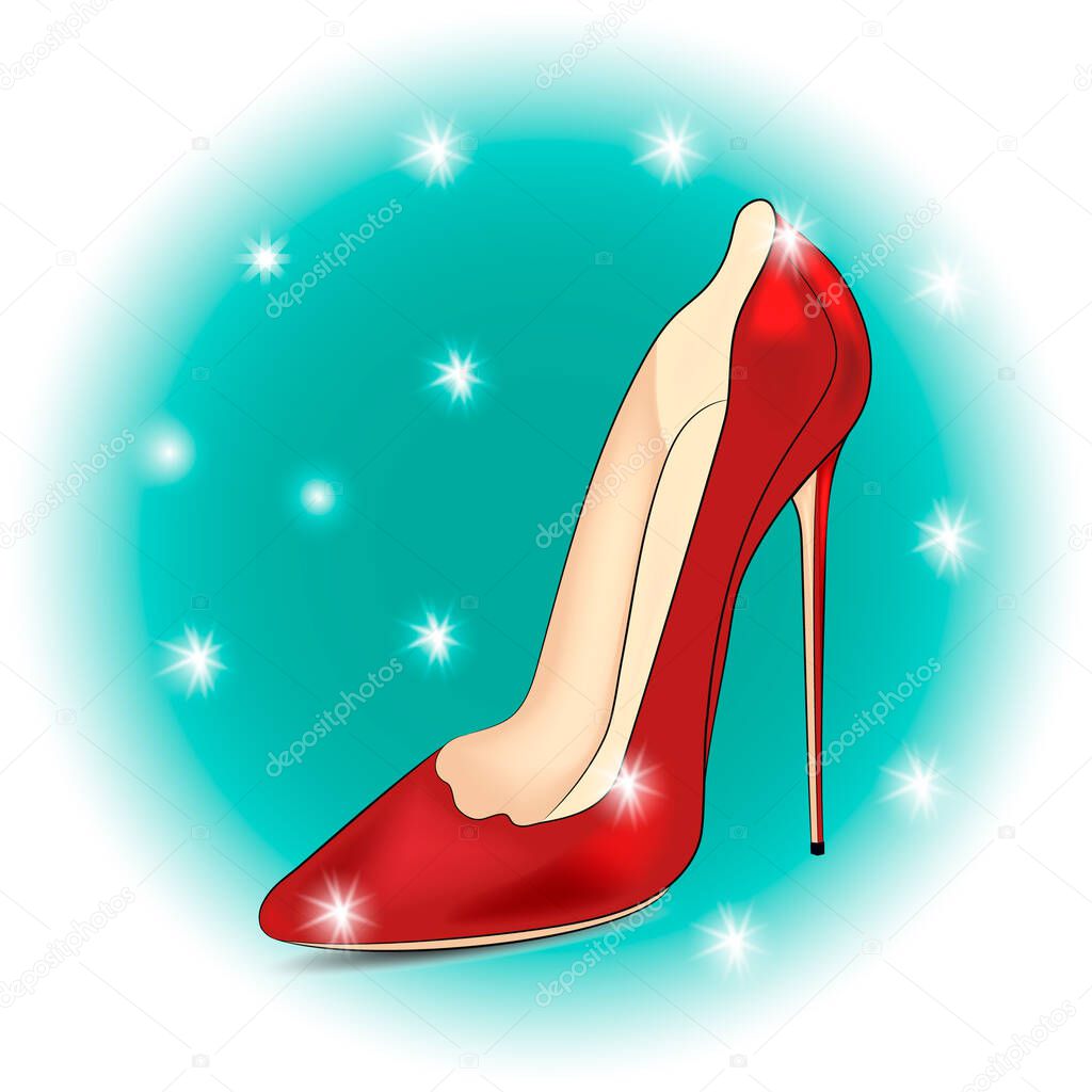 Vector illustration of a red womens shoe with glares on a green background.