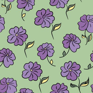 Elle çizilmiş mor çiçekli pürüzsüz desen. Fayans, halı, masa örtüsü, yastık, yastık, çanta, kapak, tişört.