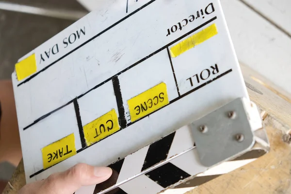 Detrás Escena Equipo Producción Cine Primer Plano Película Clapper — Foto de Stock