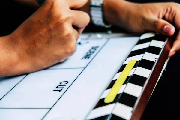 Equipo Producción Cine Primer Plano Película Clapper Board — Foto de Stock